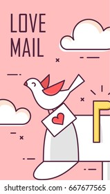 Greeting card with mailbox, dove and envelope. Thin line flat design. Love mail. Vector.