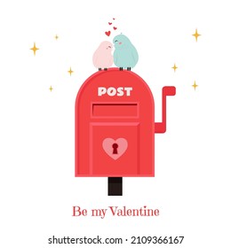 Valentine’s Greeting Card With Mailbox And Loving Couple Birds. Cute Vector Illustration In Flat Style