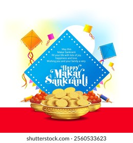 Greeting card for Makar Sankranti. Kite festival of India. Holiday wishes, logo unit, promo, typo, post, banner design.