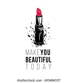 Greeting card with make you beautiful today text and red lipstick. Professional makeup artist background. Black fashion illustration on white background. Hand drawn art in watercolor style