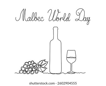 Greeting Card Malbec World Day.Glass bottle with wine,port, alcohol and grapes, bunch of grapes. wine glass, continuous single line art drawing sketch, logo