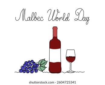 Greeting Card Malbec World Day.Glass bottle with wine,port, alcohol and grapes, bunch of grapes. wine glass, continuous single line art drawing sketch, logo