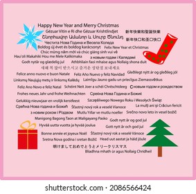 Greeting card in many languages. Happy New Year and Merry Christmas