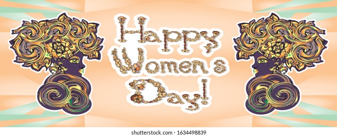 Greeting card for March 8. african 
 black girl in profile with a beautiful eye and big lips. vector cartoon character with lush hair. International Women's Day. flower inscription 