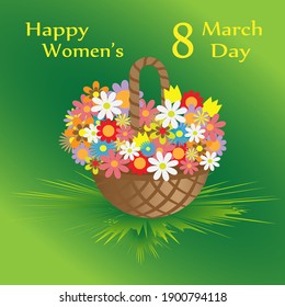 Greeting card with March 8 with a basket of flowers and text on a green background.