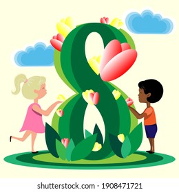 Greeting card for March 8, boy and girl with tulips. Vector illustration.