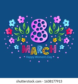 Greeting card for March 8. Bright postcard with flowers on a Classic blue background. Vector illustration