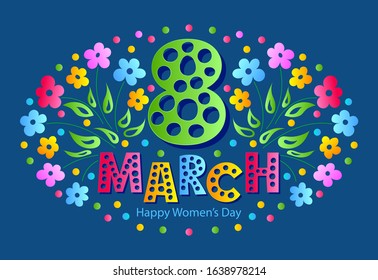 Greeting card for March 8. Bright postcard with flowers on a Classic blue background. Vector illustration