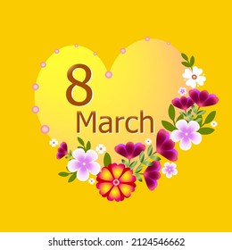Greeting card from March 8 with colorful flowers on a yellow background.  International Women's Day. Beautiful template for design, holiday card, banner, newsletter, brochures, postcards, poster.