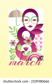 Greeting card for March 8. Flat geometric pattern. 8 march poster.