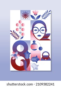 Greeting card for March 8. Flat mosaic geometric pattern. 8 march poster.