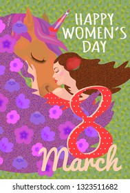 greeting card for March 8. Girl hugs a unicorn. Spring flowers in hair