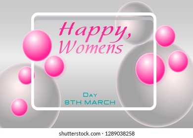 Greeting card for March 8. Happy women's day. Big number 8 from pink glitters. Pink ribbons. Light banner frame with white text. luxurious banner. Poster for 8 march. Vector illustration