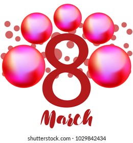 Greeting card for March 8. International Women's Day. Pink pearls, ball, kiss, abstraction, vector illustration.