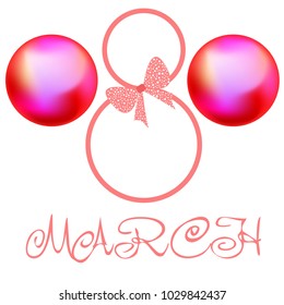 Greeting card for March 8. International Women's Day. Pink pearls, ball, kiss, abstraction, vector illustration.