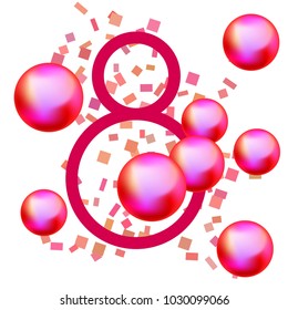 Greeting card for March 8. International Women's Day. Pink pearls, ball, kiss, abstraction, vector illustration.