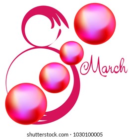 Greeting card for March 8. International Women's Day. Pink pearls, ball, kiss, abstraction, vector illustration.