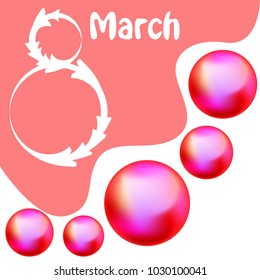 Greeting card for March 8. International Women's Day. Pink pearls, ball, kiss, abstraction, vector illustration.