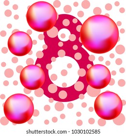 Greeting card for March 8. International Women's Day. Pink pearls, ball, kiss, abstraction, vector illustration.