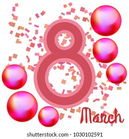 Greeting card for March 8. International Women's Day. Pink pearls, ball, kiss, abstraction, vector illustration.