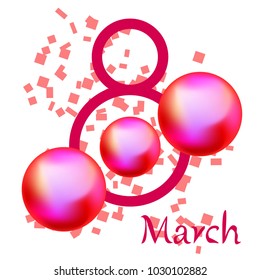 Greeting card for March 8. International Women's Day. Pink pearls, ball, kiss, abstraction, vector illustration.