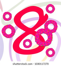 Greeting card for March 8. International Women's Day. Donuts with glaze, abstraction, vector illustration.