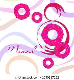 Greeting card for March 8. International Women's Day. Donuts with glaze, abstraction, vector illustration.