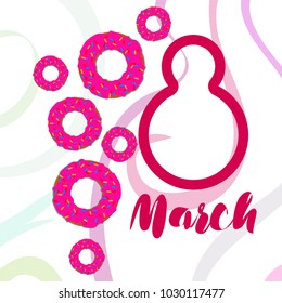 Greeting card for March 8. International Women's Day. Donuts with glaze, abstraction, vector illustration.