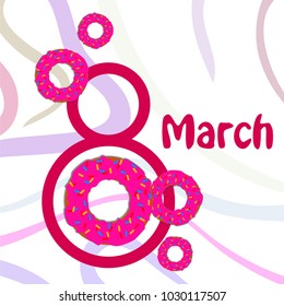 Greeting card for March 8. International Women's Day. Donuts with glaze, abstraction, vector illustration.