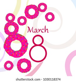 Greeting card for March 8. International Women's Day. Donuts with glaze, abstraction, vector illustration.