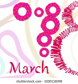 Greeting card for March 8. International Women's Day. Donuts with glaze, abstraction, vector illustration.