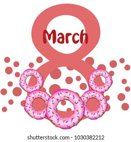 Greeting card for March 8. International Women's Day. Donuts with glaze, abstraction, vector illustration.