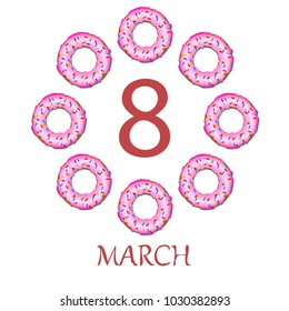 Greeting card for March 8. International Women's Day. Donuts with glaze, abstraction, vector illustration.