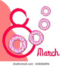 Greeting card for March 8. International Women's Day. Donuts with glaze, abstraction, vector illustration.
