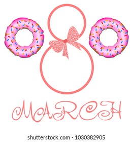 Greeting card for March 8. International Women's Day. Donuts with glaze, abstraction, vector illustration.