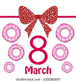 Greeting card for March 8. International Women's Day. Donuts with glaze, abstraction, vector illustration.