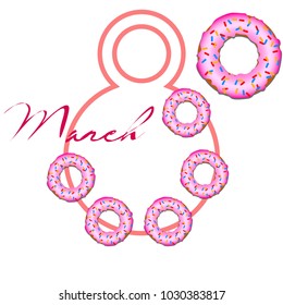 Greeting card for March 8. International Women's Day. Donuts with glaze, abstraction, vector illustration.