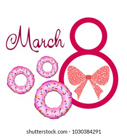 Greeting card for March 8. International Women's Day. Donuts with glaze, abstraction, vector illustration.