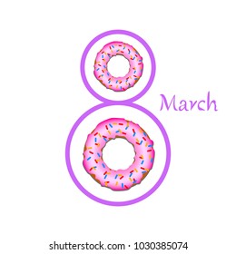 Greeting card for March 8. International Women's Day. Donuts with glaze, abstraction, vector illustration.