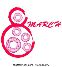 Greeting card for March 8. International Women's Day. Donuts with glaze, abstraction, vector illustration.