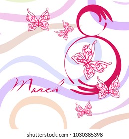 Greeting card for March 8. International Women's Day. Butterfly, abstraction, vector illustration.