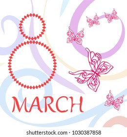 Greeting card for March 8. International Women's Day. Butterfly, abstraction, vector illustration.