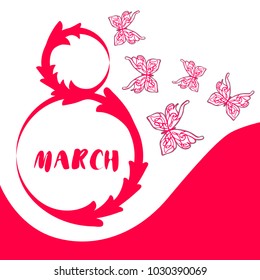 Greeting card for March 8. International Women's Day. Butterfly, abstraction, vector illustration.