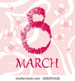 Greeting card for March 8. International Women's Day. Bow, abstraction, vector illustration.