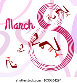 Greeting card for March 8. International Women's Day. Women's shoes, high heels, abstraction, vector illustration.