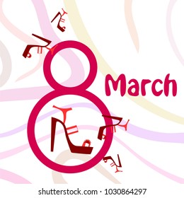 Greeting card for March 8. International Women's Day. Women's shoes, high heels, abstraction, vector illustration.