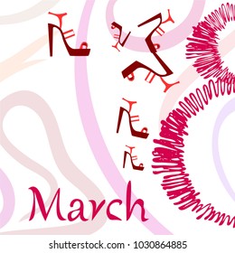 Greeting card for March 8. International Women's Day. Women's shoes, high heels, abstraction, vector illustration.