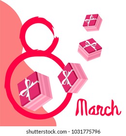 Greeting card for March 8. International Women's Day. Gift, gift box, bow, abstraction, vector illustration.