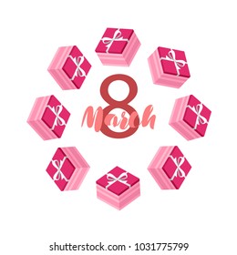 Greeting card for March 8. International Women's Day. Gift, gift box, bow, abstraction, vector illustration.