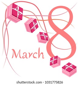 Greeting card for March 8. International Women's Day. Gift, gift box, bow, abstraction, vector illustration.
